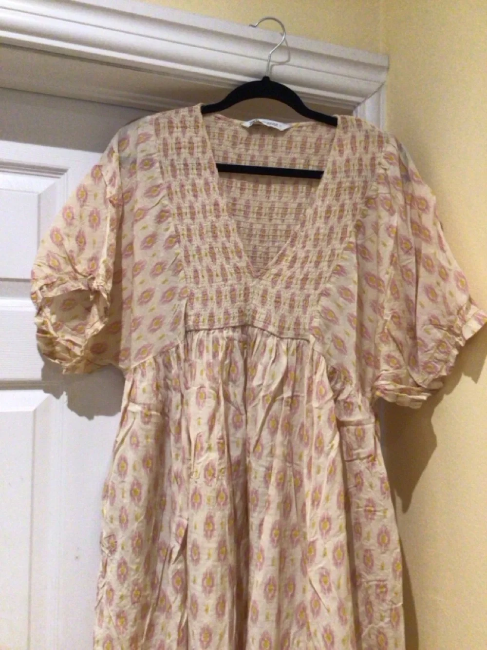 Zara Cream Midi Dress with Pink Leaf Print Size XL - Picture 6 of 9